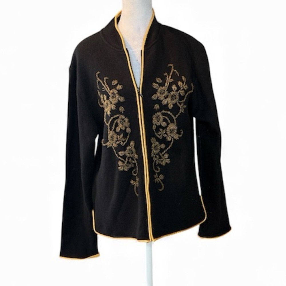 Tally‎ Ho Wool Cardigan Blazer Floral Beaded Design Zipper Size Medium Vintage